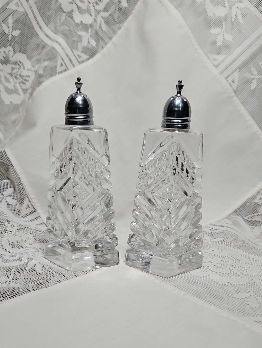 Crystal Salt and Pepper Shakers made by Artmart with Silver Tops -
